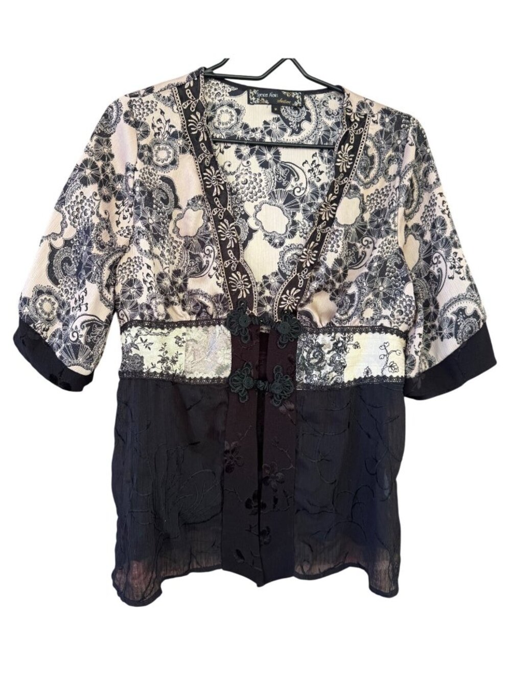Spencer Alexis Black Cream Lace Kimono Sheer Floral Short Sleeve Jacket Medium.